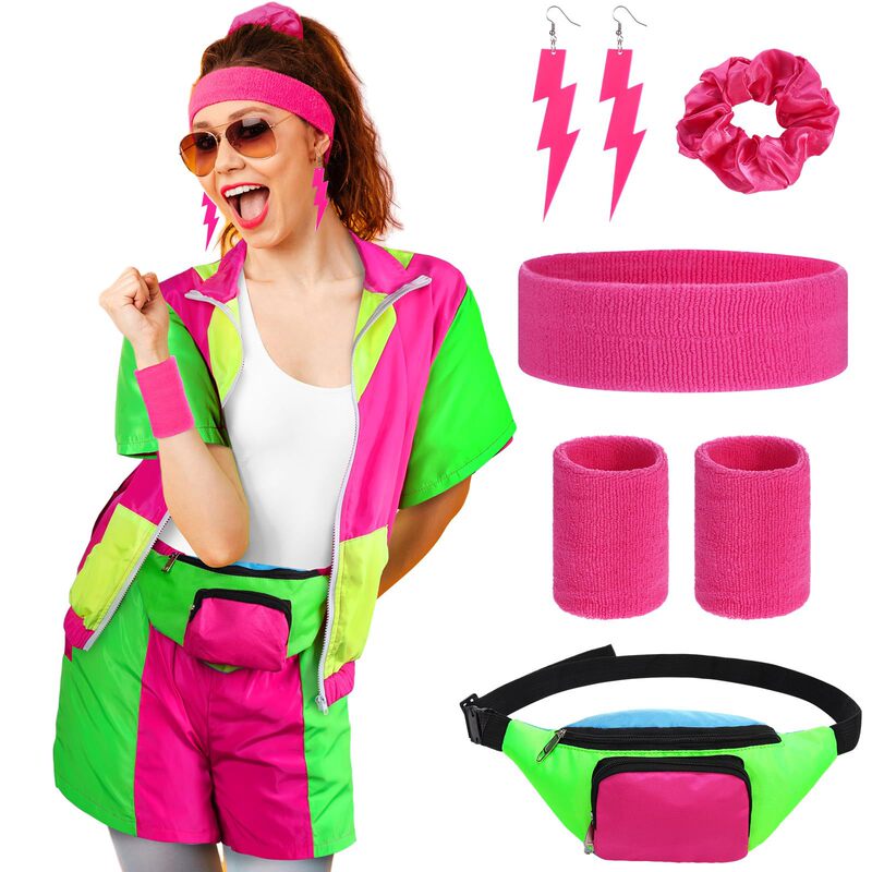 80S Women's Fitness Clothing Accessories Set Color Block Windbreaker and Other 80S Party Supplies Lp176
