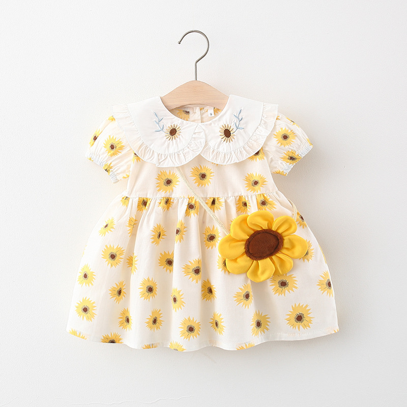 2021 Summer New All-over Chrysanthemum Lapel Cotton Dress Girls Korean Style Short Sleeve Dress with Small Flower Bag