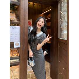 大码法式波点花边领连衣裙女夏季胖盐系少女收腰显瘦灰色长裙