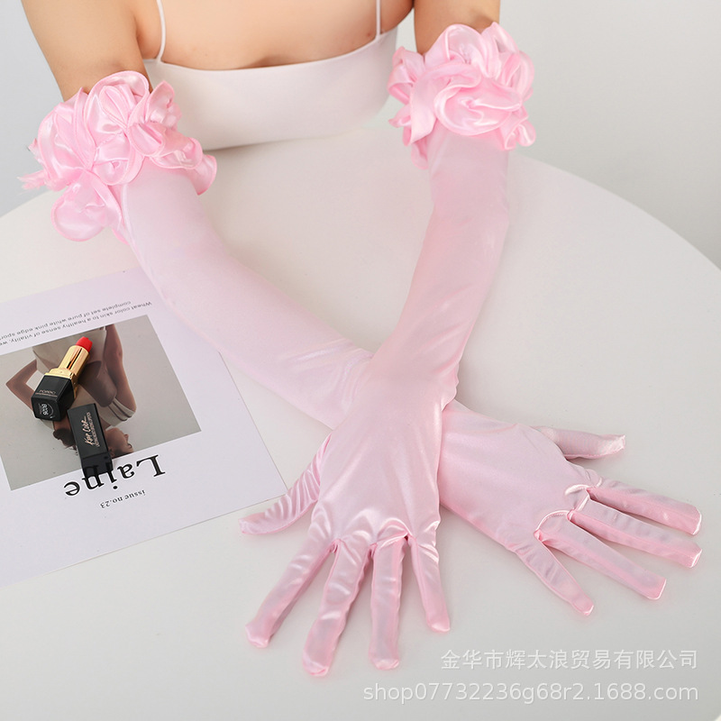 韓国風サテンストレッチロングウェディングドレスエチケット手袋エレガントなピンクのスーパーフェアリーフラワーレースブライダルドレスアクセサリー|undefined