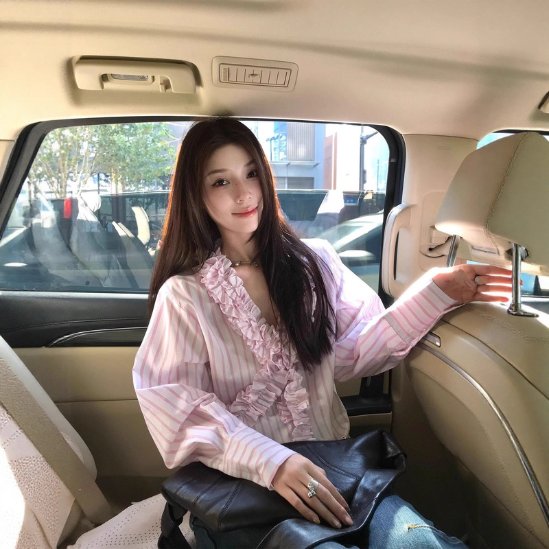 Sweet Style Pink Striped Shirt with a Unique Design, Ruffled Long Sleeves, Loose Blouse for Women, Summer V-Neck Top Ins Sweet Style Pink Striped Shirt with a Unique Design, Ruffled Long Sleeves, Loose Blouse for Women, Summer V-Neck Top Ins