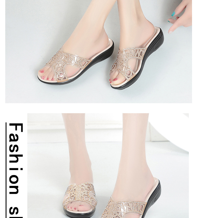 Dép xỏ ngón nữ đế bệt da thật đính đá rhinestone — Màu vàng chi tiết 10