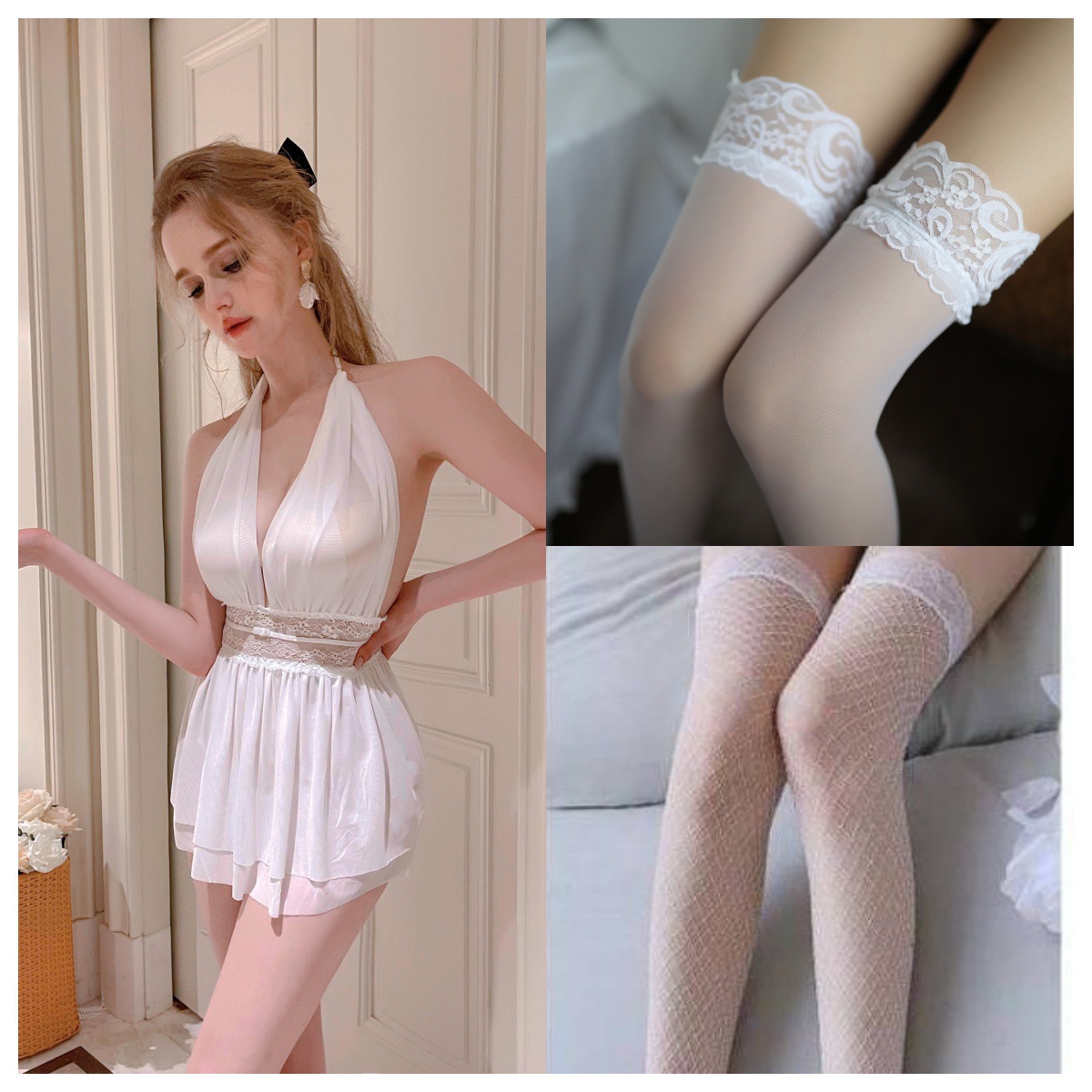 흰색 잠옷 + 팬티 + 흰색 스타킹 + 흰색 망사 스타킹