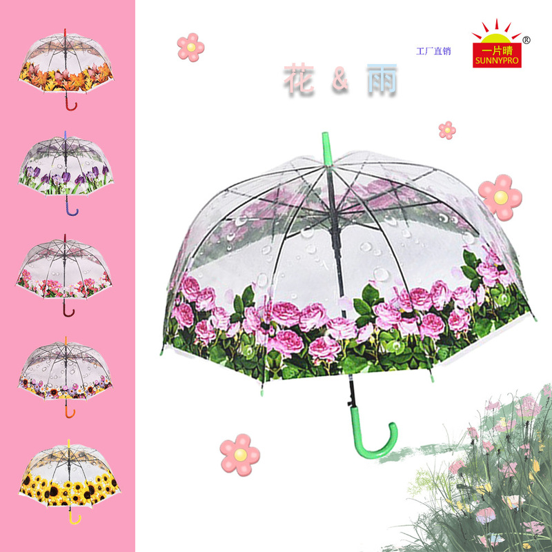 Transparent Umbrella Large Standard Windproof Creative Flower High Color Value Hand Automatic Straight Long Handle Umbrella Sunny and Rainy Dual Use