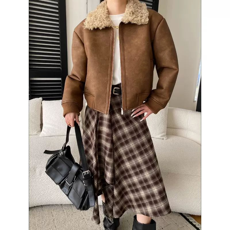 司南 小众设计感 美式复古仿皮毛一体羊羔毛短款夹克外套 SN8016