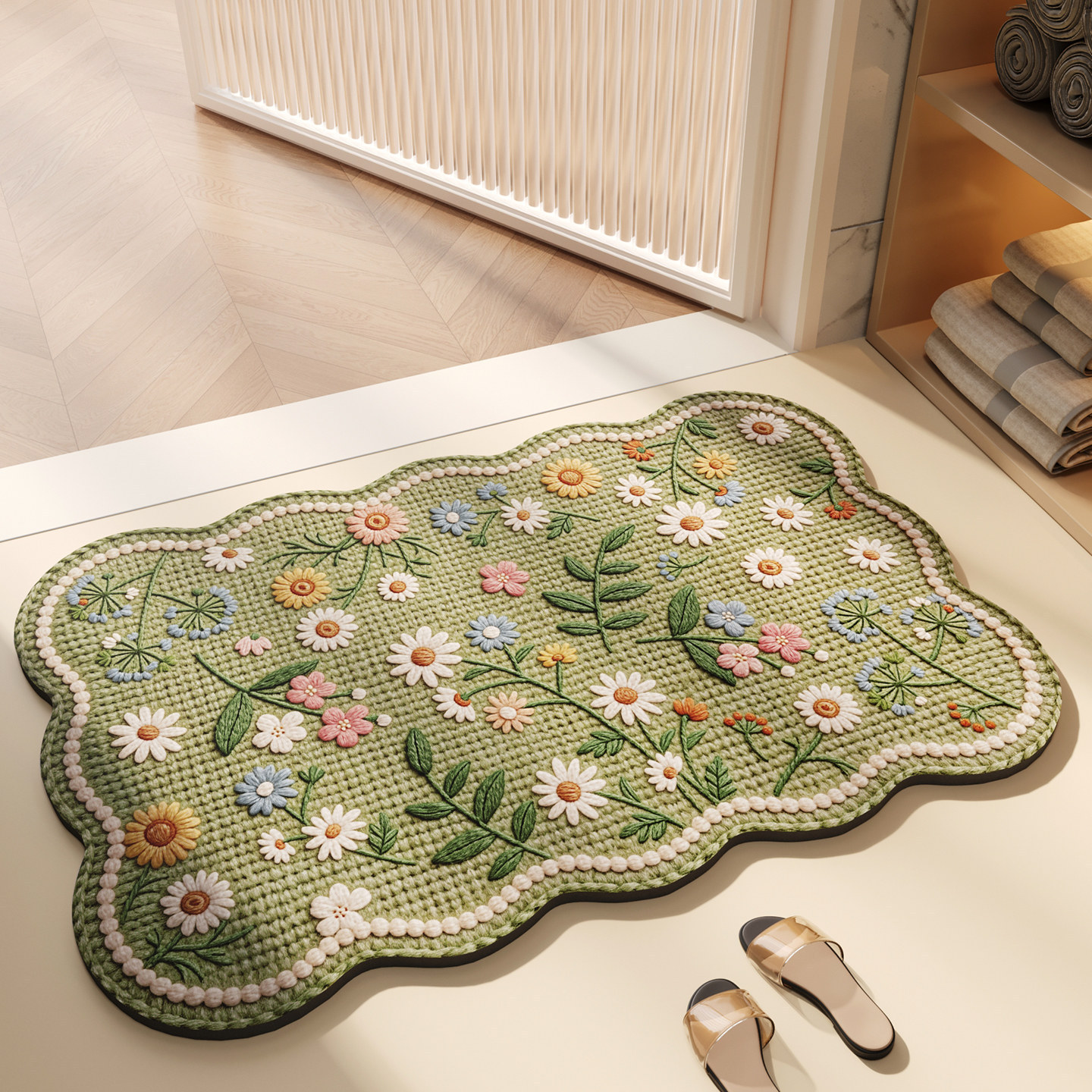 Floral Decorative Bathroom Floor Mat, Water-Absorbent Non-Slip Mat for Bathroom Entrance, Faux Wool Style Cartoon Diatomaceous Earth Floor Mat