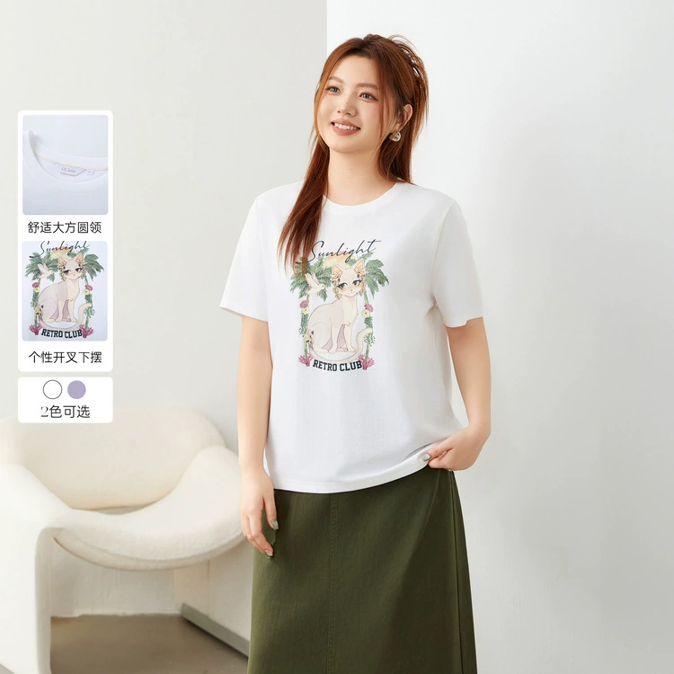 Слепое шоу большой размер женской одежды с уменьшением возраста кошачий узор простой дикий округлый воротник тонкая футболка жирная mm2024 летняя новая