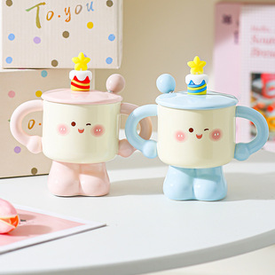 Creative Ceramic Cup with Lid and Spoon Mug Small Cute Cup Girls Boys Birthday Gift Milk Cup