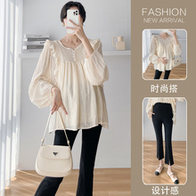 实拍现货孕妇衬衣春装新款木耳边V领长袖娃娃衫上衣托腹裤两件套