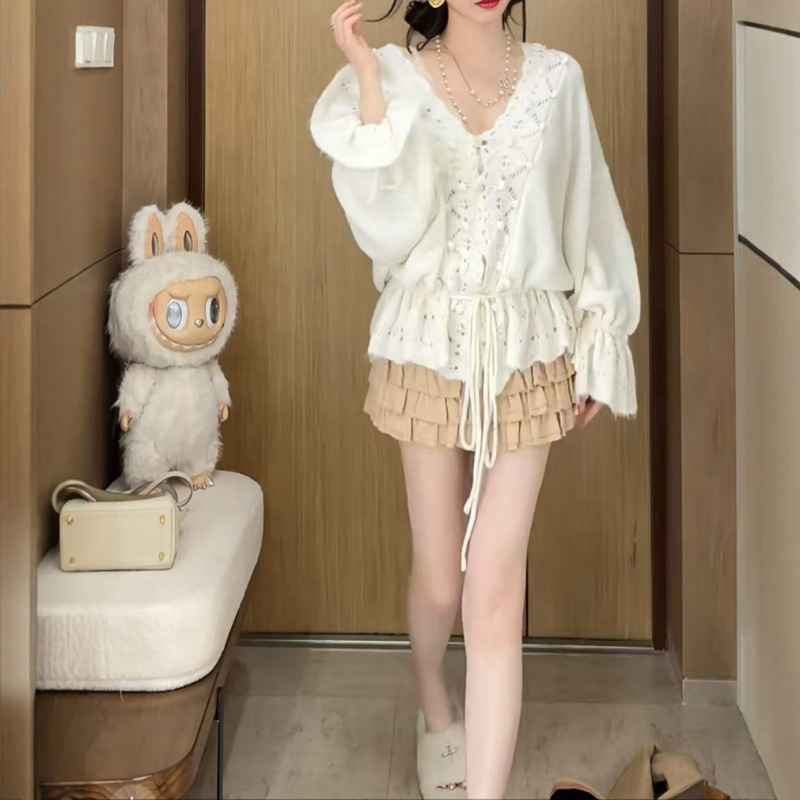 YS慵懒风V领毛球羊毛外套女设计感薄款绑带镂空针织衫宽松开衫女|undefined