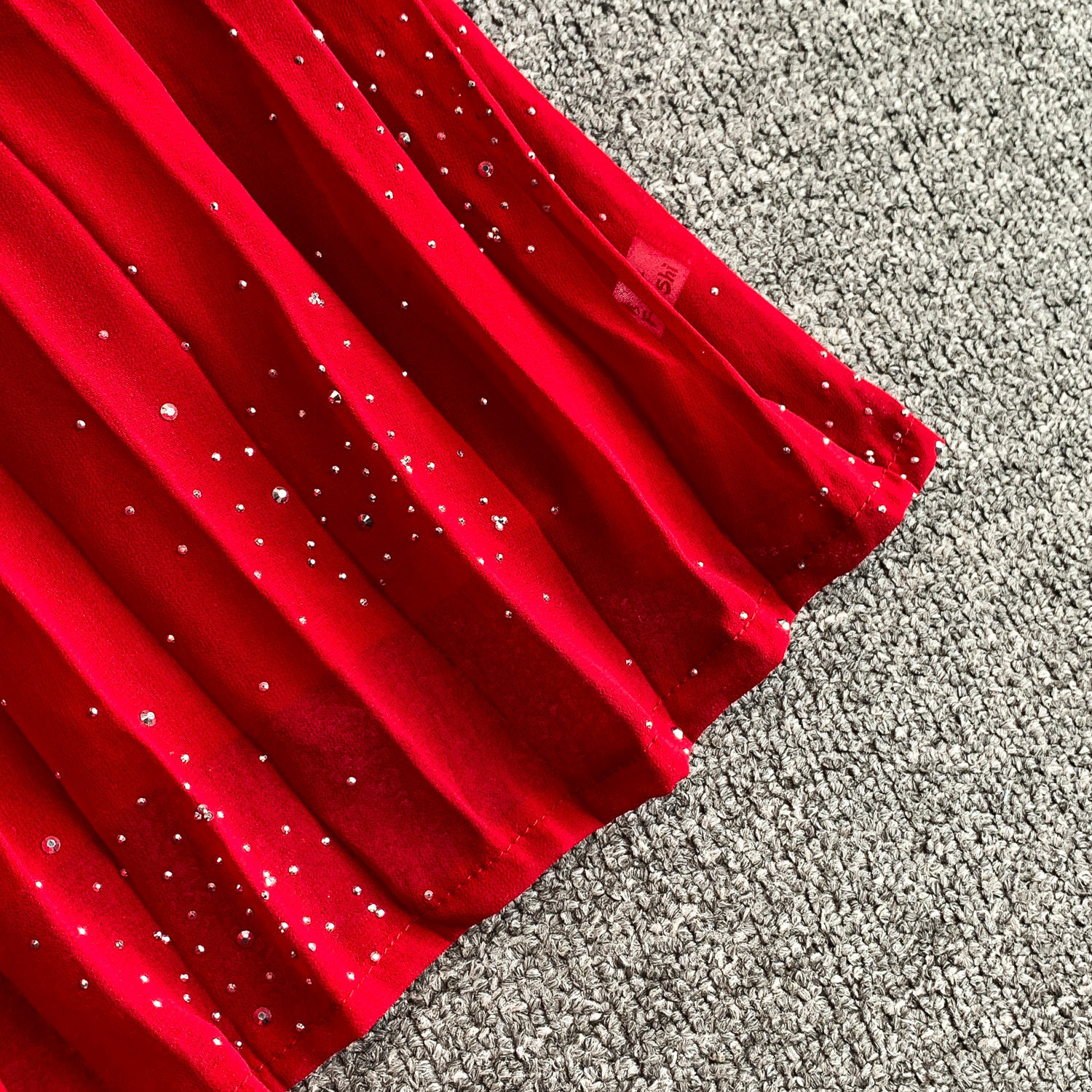 Women's French Style Light Luxury Sparkly Rhinestone round Neck Long Sleeve Dress Summer Slimming Pleated Long Skirt_ecoleips.com