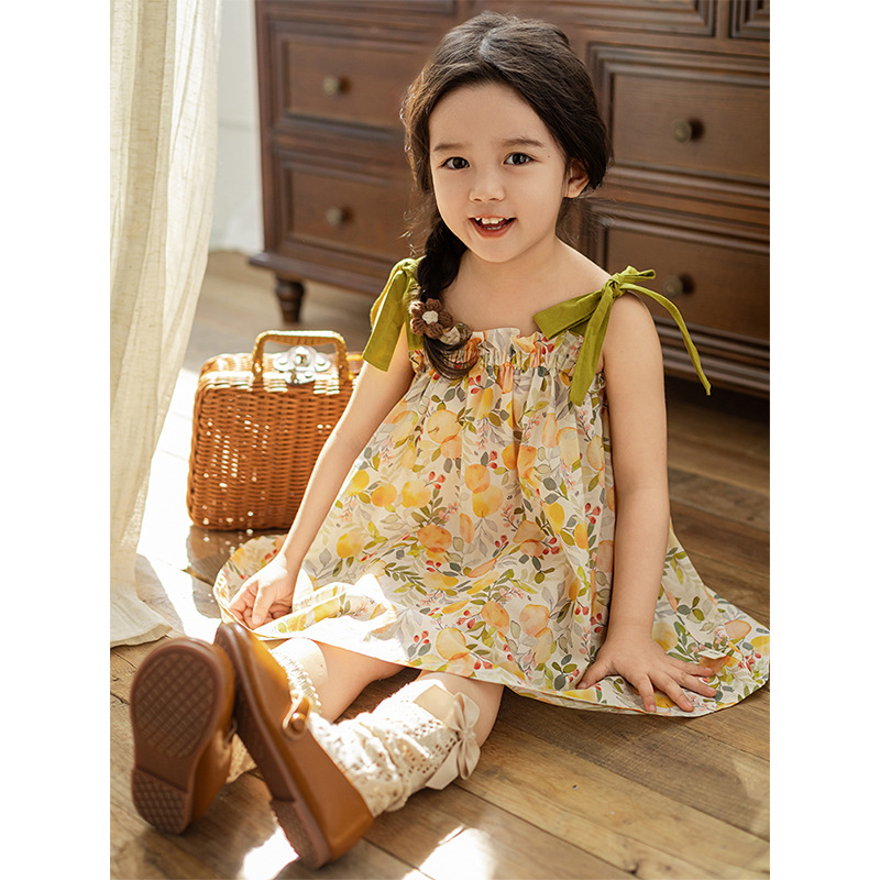 Qiuduo cute girls' floral suspender skirt children's Korean-style loose princess dress 2024 Summer new children's dress