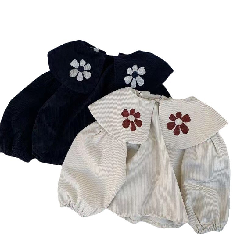 Cuello con volantes flor grande ropa para niños otoño nueva primavera de las muchachas estilo coreano bordado puff manga larga camisa moda