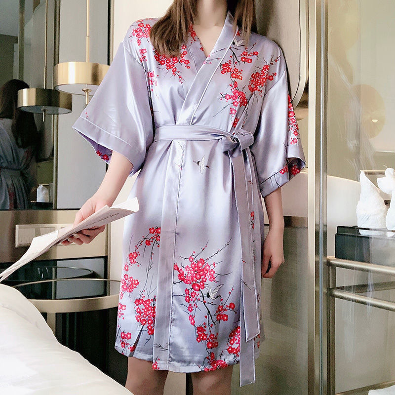 Camisón de otoño e invierno, dama de honor de seda de hielo femenino, bata de la mañana, bata de baño sexy, estilo de hotel, servicio a domicilio suelto de gran tamaño para damas