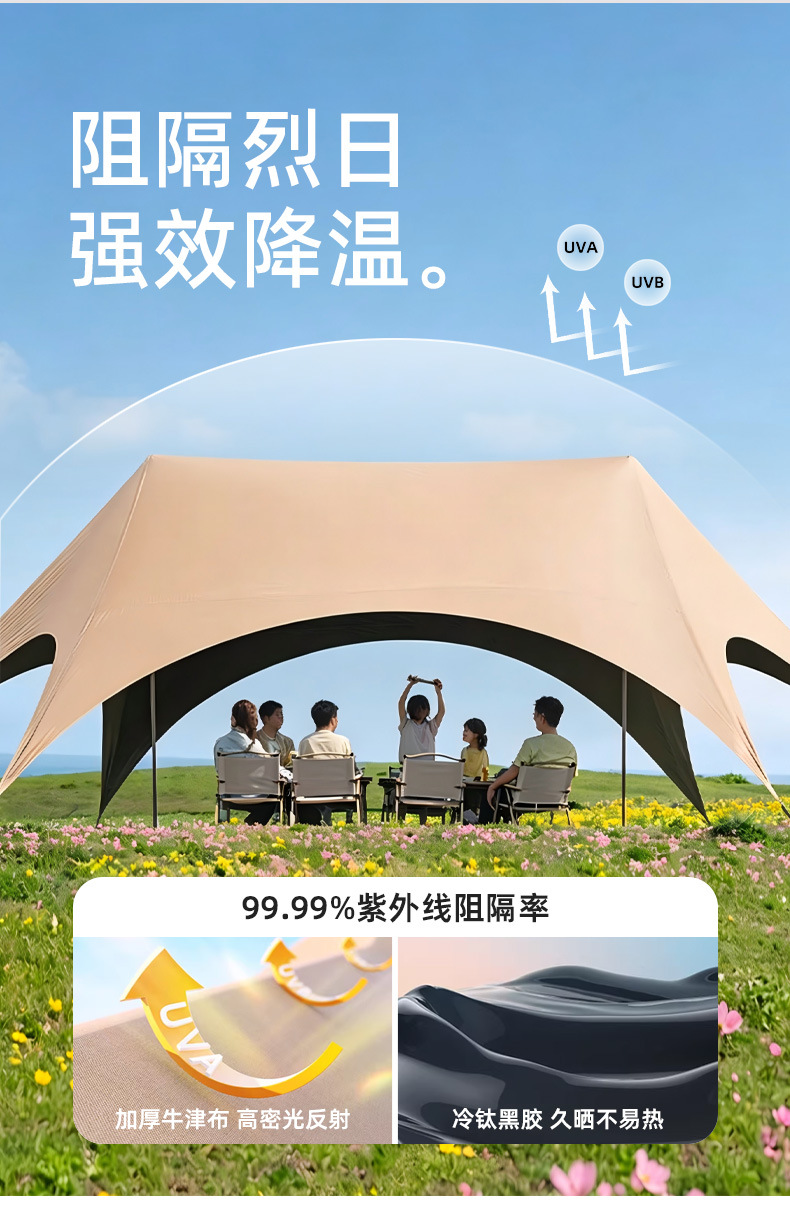 Quick Setup Black Vinyl Six-Claw Canopy Side Tent Car Sunshade Outdoor Sun Protection Camping Essential