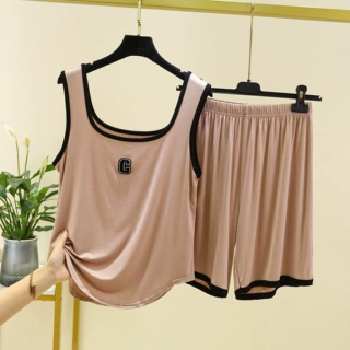 莫代尔方领背心短裤套装女夏季新款刺绣吊带宽松家居服两件套