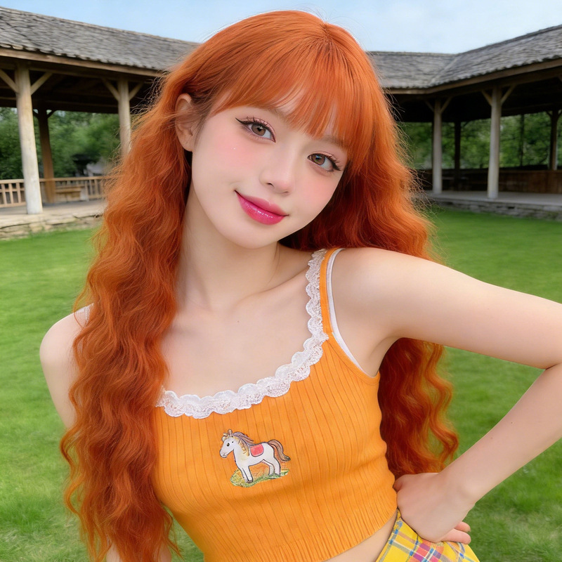Manufacturer Wholesale Orange Corn-Curly Long Wig for Women, Full Head Wig, Realistic Hair with Bangs, Wool Curly Wig Set
