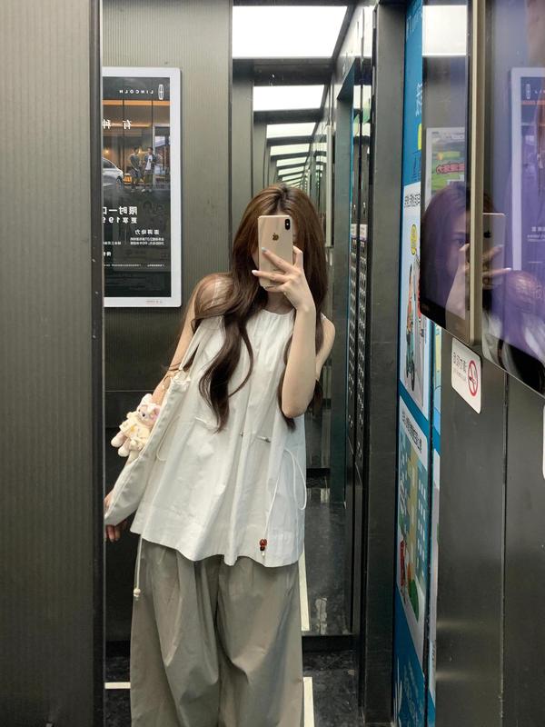 设计感小众休闲运动套装女夏季无袖抽绳上衣薄款工装阔腿裤两件套|undefined