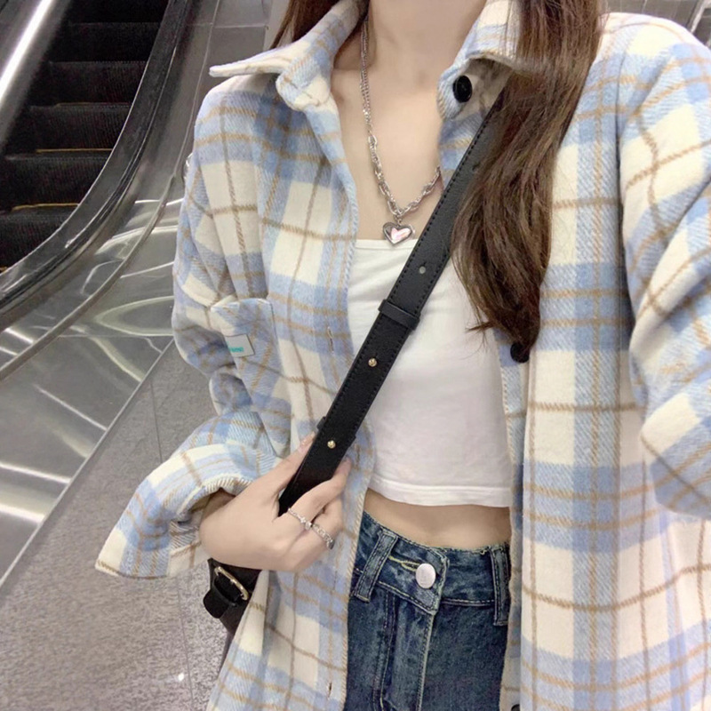 厚款毛尼料蓝色格子衬衫女装2025秋季新款港风chic长袖外套上衣女|undefined