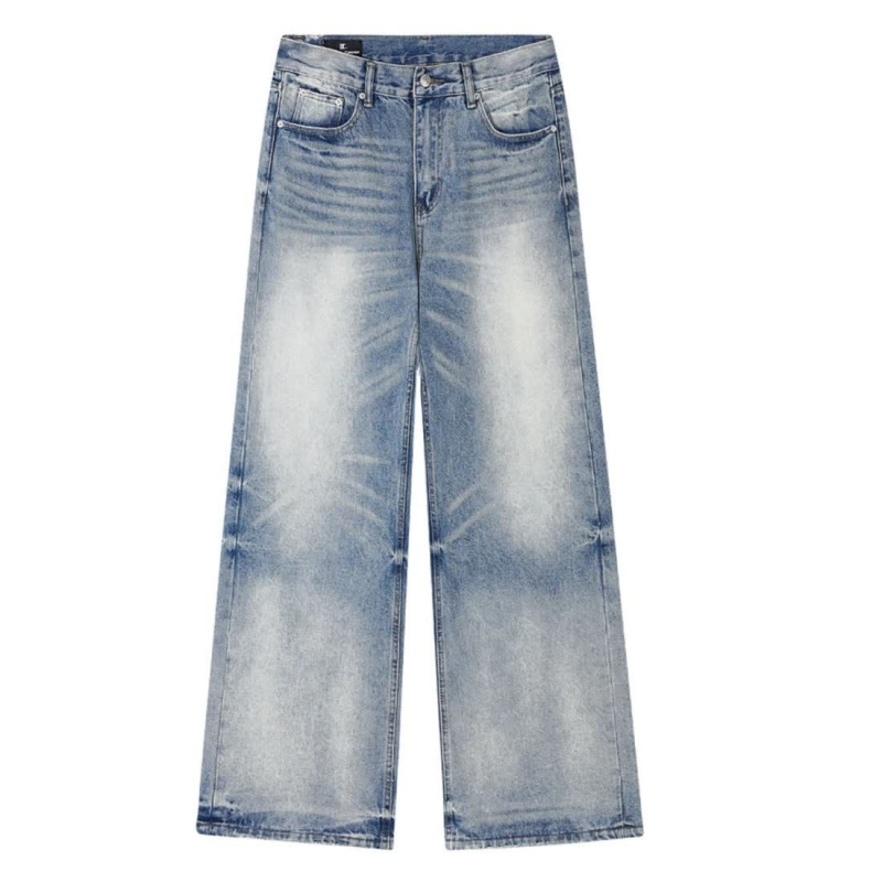 2025 Niwang American High Street Vibe Style Heavyweight A-Line Washed Blue Straight Loose Jeans Men's Pants