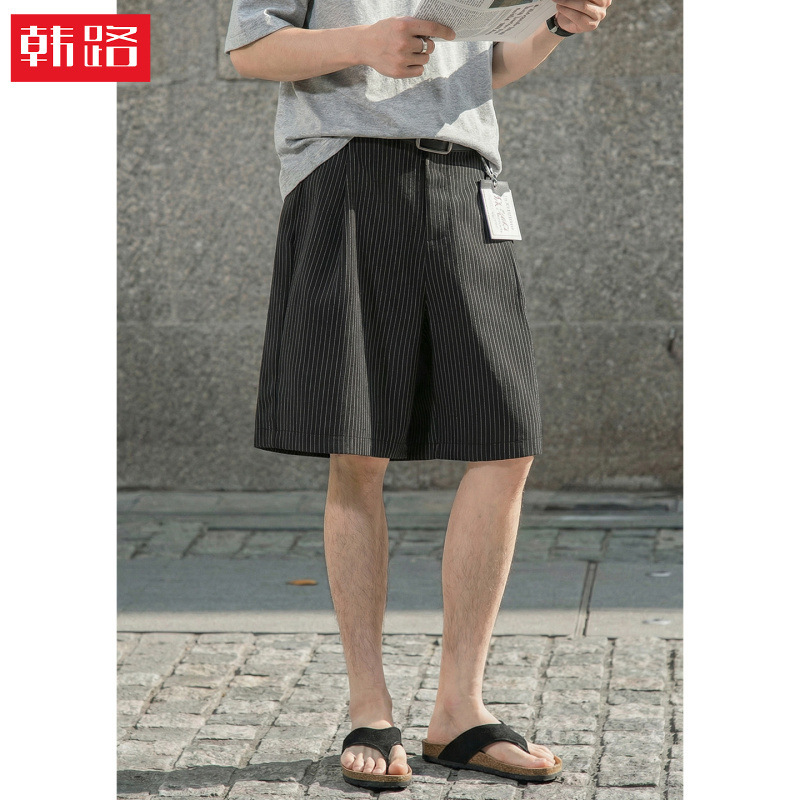 Japanese-Style Vertical Striped Suit Shorts, Summer Vintage Old Money Pleated Casual Knee-Length Shorts, Simple Loose Mid-Length Pants Japanese-Style Vertical Striped Suit Shorts, Summer Vintage Old Money Pleated Casual Knee-Length Shorts, Simple Loose Mid-Length Pants