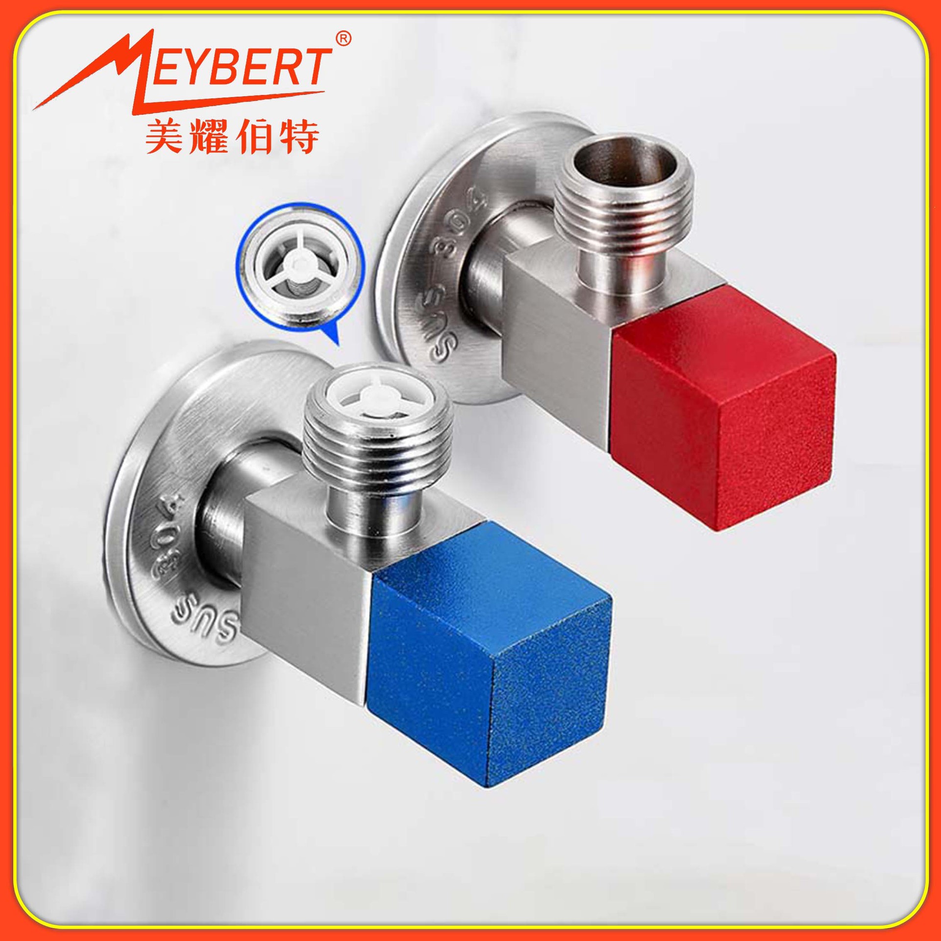 Red And Blue All-copper Angle Valve Thickened Copper Core Water Heater Hot And Cold Water Triangle Valve Household Toilet Angle Valve Four-point Water Stop Valve