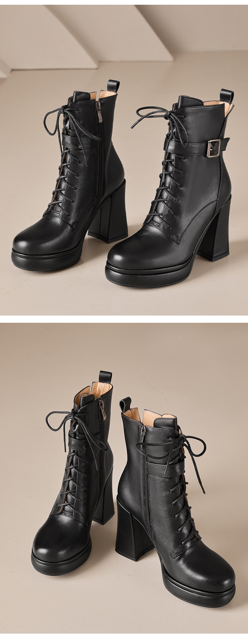 Giày boot nữ da thật cổ ngắn dây buộc gót vuông 10 cm đế dày mùa thu đông — màu đen, Màu trắng nhạt chi tiết 13
