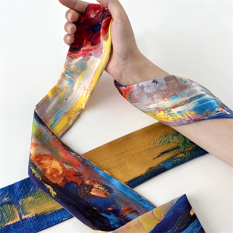 Van Gogh Oil Painting Series Silk Scarf Hair Belt Artistic Decoration Scarf Summer Ribbon Thin Narrow Long Ribbon All-match