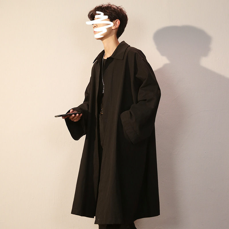 Men's trench coat, mid-length, loose fit, stylish over-the-knee, trendy casual jacket, black Hong Kong style coat for spring and autumn 2026.