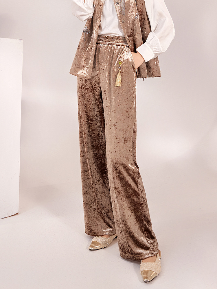 Quần ống rộng nhung lụa kiểu Trung Quốc mới, jacquard màu trơn, phong cách văn nghệ — Màu đen, Màu vàng, Màu hồng, Màu mơ