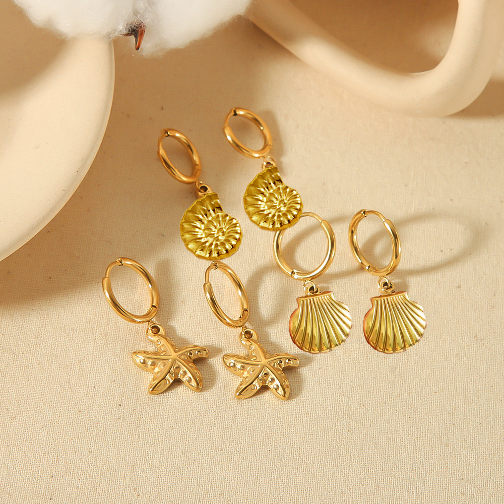 Real Gold Plated Plating Material 1 Pair Marine Style Simple Style Starfish Snails Shell Plating 304 Stainless Steel 18K Gold Plated Drop Earrings