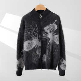 2025年秋冬新款100山羊绒半高领针织开衫长袖双拉链蝴蝶提花外套