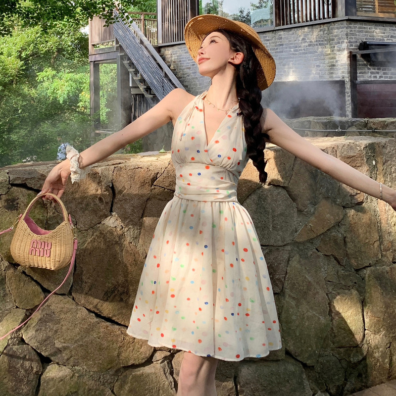 Sanya Seaside Vacation Dress, Sweet Girl Outfit, Photo and Dating V Neck Halterneck Backless Polka Dot Beach Dress Sanya Seaside Vacation Dress, Sweet Girl Outfit, Photo and Dating V Neck Halterneck Backless Polka Dot Beach Dress