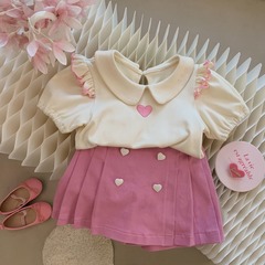 女童套裝2024夏裝新款女童愛心刺繡泡泡袖打底衫百褶短裙兩件套潮