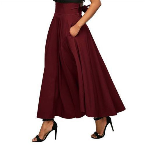 Women's Spring Midi Skirt Solid Color Lace Up Ankle Cinching A-Line Long Skirt European American Style Casual Polyester_ecoleips.com