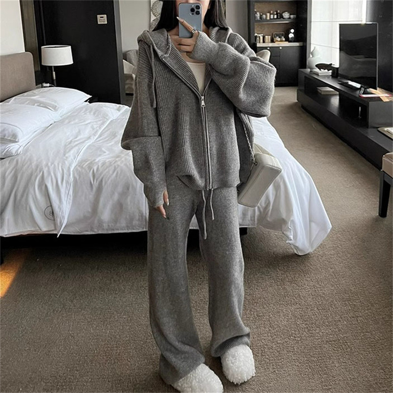 Lazy Style Hooded Knitted Cardigan Suit 2025 New Autumn Loose Casual Zipper Sweater Wide Leg Pants Two-Piece Set