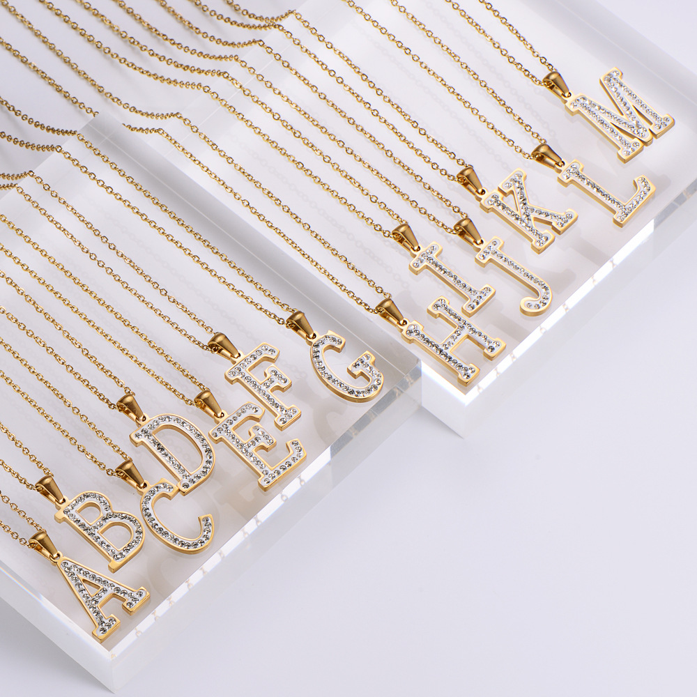 Fashion Jewelry Clavicle Hanging Chain Stainless Steel Electroplating 18k Gold Rhinestone 26 Letter 