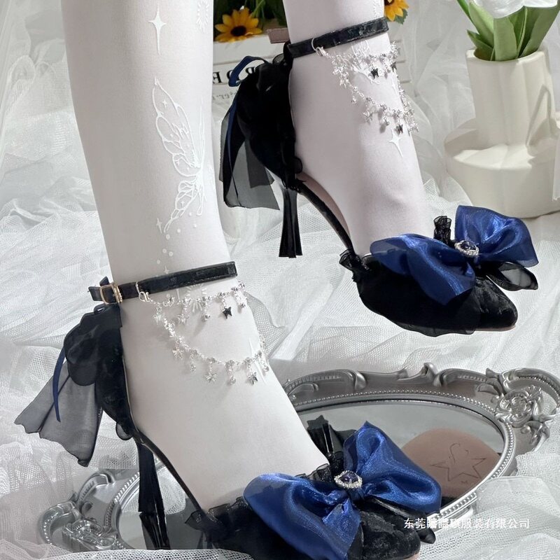 Meow Meow Bride Black and Blue Lolita Elegant High Heels Pointed Toe Gothic Coming-of-Age Ceremony Shoes Chunky Heel Meow Meow Bride Black and Blue Lolita Elegant High Heels Pointed Toe Gothic Coming-of-Age Ceremony Shoes Chunky Heel