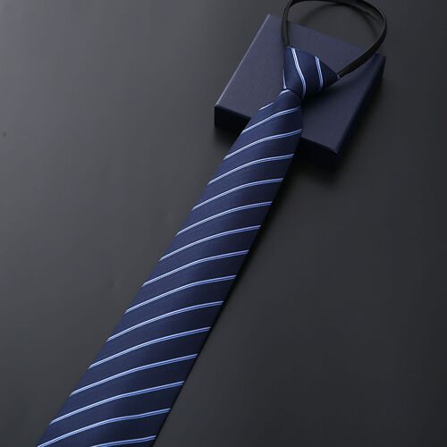 Men's Business Formal Zip Tie Tie, Blue Striped Korean Version Black Lazy Tie One-Pull
