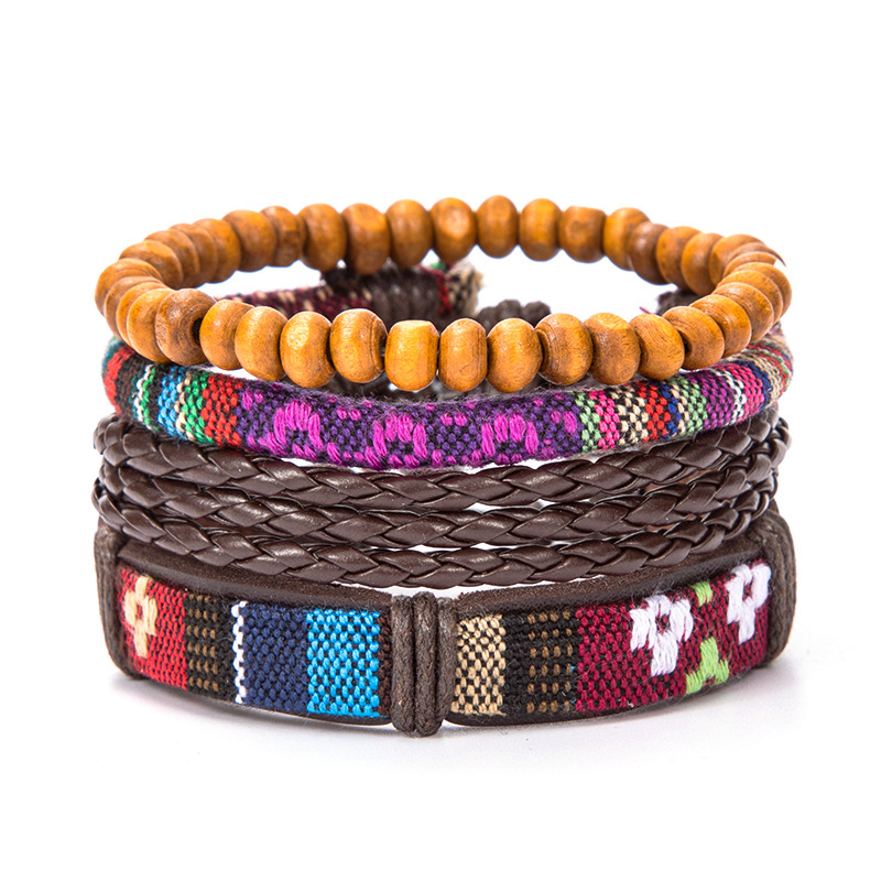 Unisex Gender Beaded, Braid Design Retro Bohemian Multicolor Pu Leather Alloy Beaded Braid Unisex Bracelets