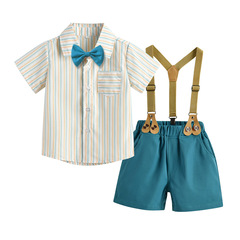 Summer 2023 Boys' Collared Short Sleeve Cotton Striped Cardigan and Belted Shorts Two-Piece Set Korean Style Trendy Children's Clothing