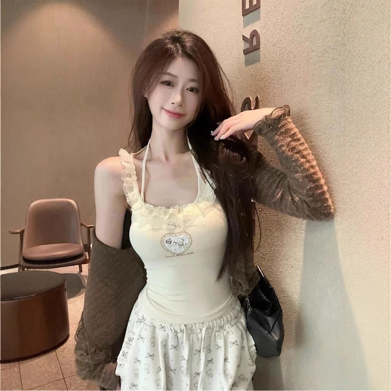 Pure for Slim Fit Fake Two-piece Sling Women's Spring and Summer Wear Super Beautiful Lace Lace Strap Hanging Neck Vest with Chest Pad Pure for Slim Fit Fake Two-piece Sling Women's Spring and Summer Wear Super Beautiful Lace Lace Strap Hanging Neck Vest with Chest Pad