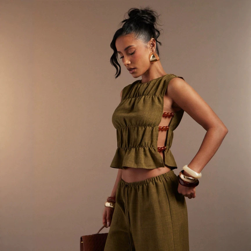 Women's Spring Solid Color Two Piece Set Retro Long Pants Vest Outfit_voghion.com