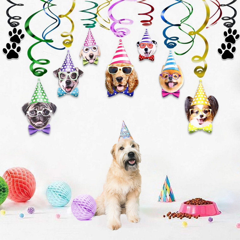 Perro de mascota decoración de fiesta de cumpleaños PVC colgante espiral banner impresión de garra de perro tema colgante colgante espiral