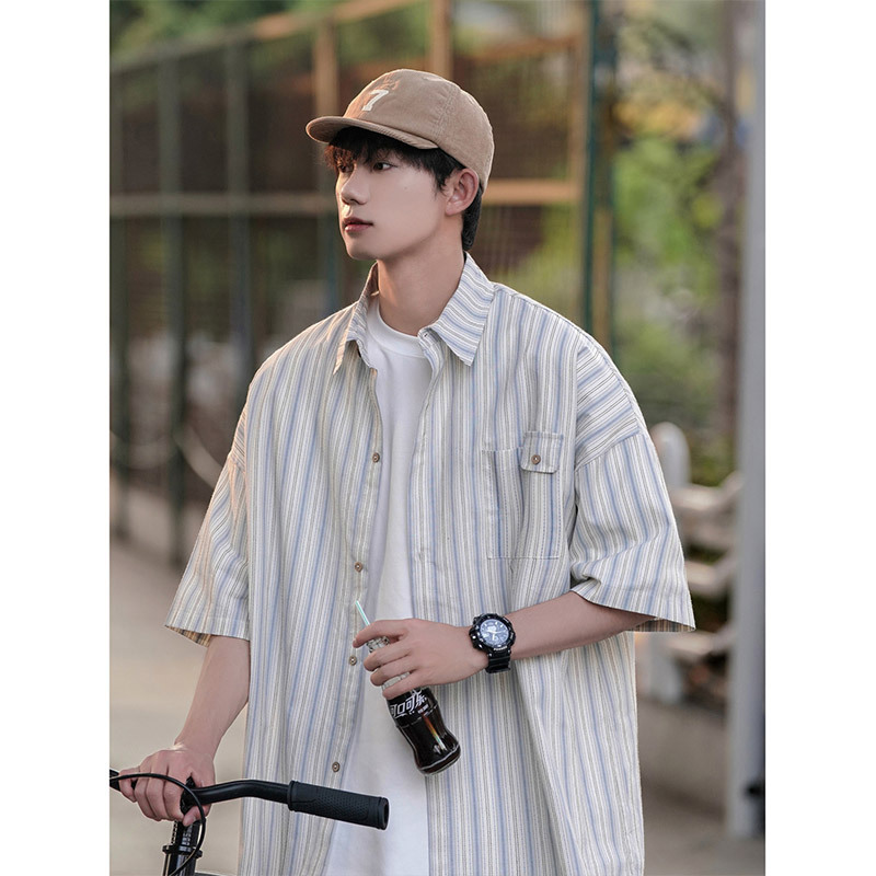 Cityboy japonés a rayas camisa de manga corta marca de moda de los hombres de moda juventud sentir desgaste camisa de media manga abrigo estilo verano