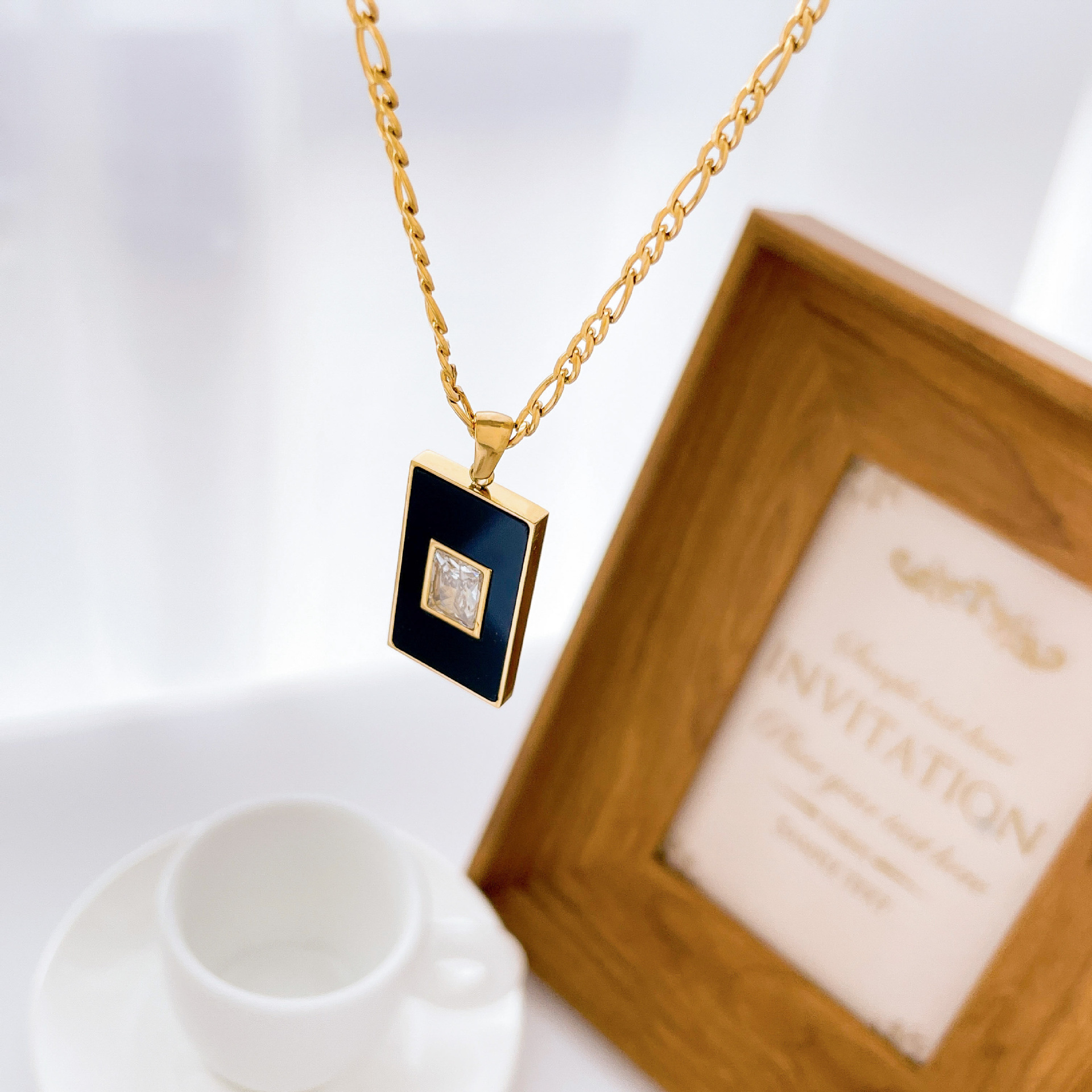 Vintage Style Square Titanium Steel Inlay Zircon Pendant Necklace_colorza_3