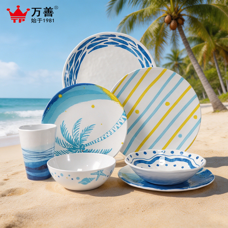 Foreign Trade Melamine Buffet Ocean Series Tableware Hotel Restaurant Home Use Creative Printed Plate and Bowl Set Wholesale