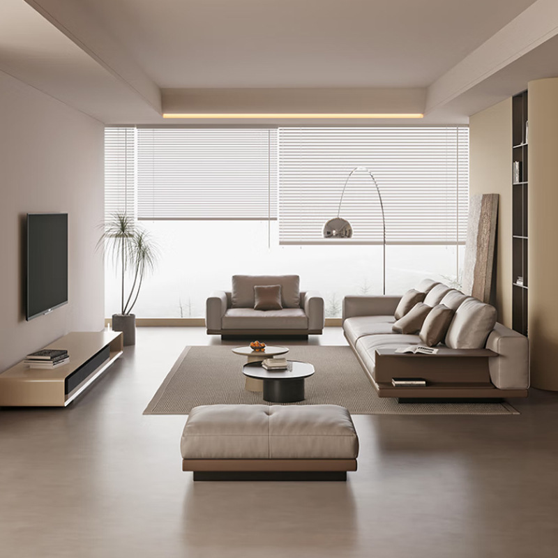 Sofá de cuero estilo italiano, sofá minimalista tapizado en cuero para sala de estar, adecuado para apartamentos grandes y pequeños, sofá de cuero genuino de alta gama de lujo ligero.