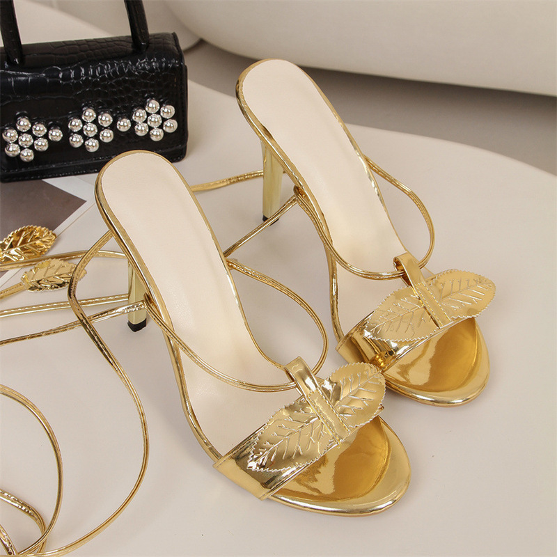 2025 New European and American Style Large Size Peep-Toe Lace-Up Round-Toe High-Heeled Sandals with Leaf-Patterned Gold Straps for Women