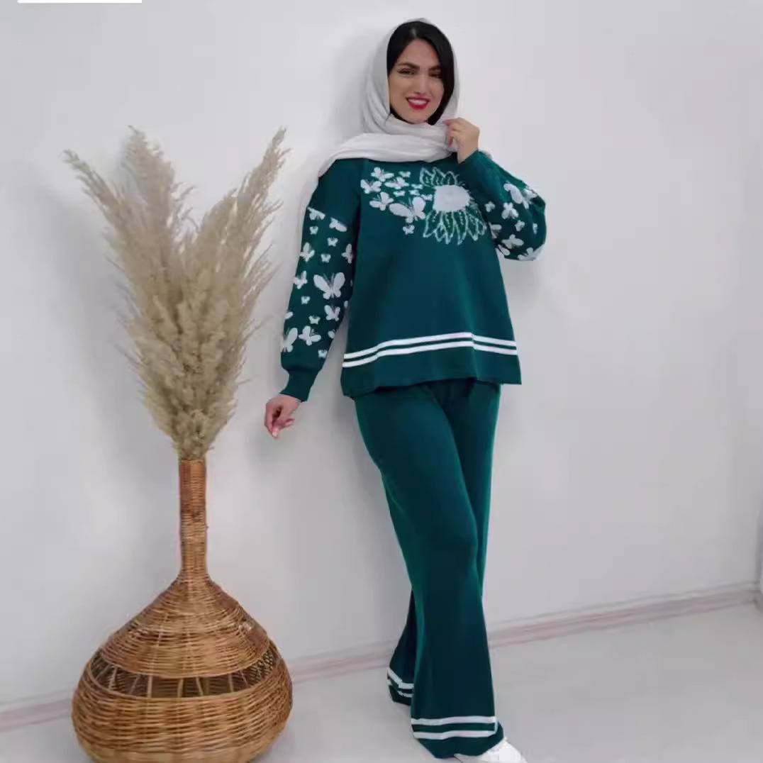 Women's Clothing knitted jacquard baseball uniform sports trousers fashionable temperament two piece suit_voghion.com